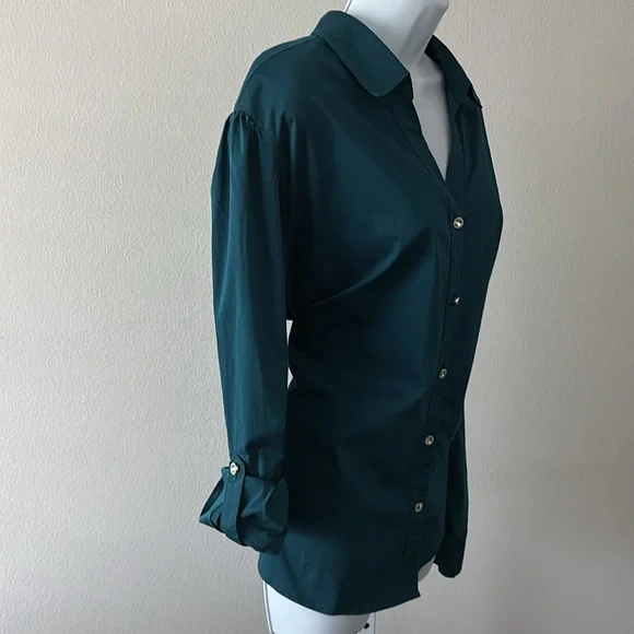 Teal Long Sleeve Blouse XXL Rhinestone Buttons Office Chic Minimalist Workwear - Picture 11 of 15